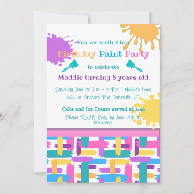Colourful Brush Strokes paint party invitations (Front)