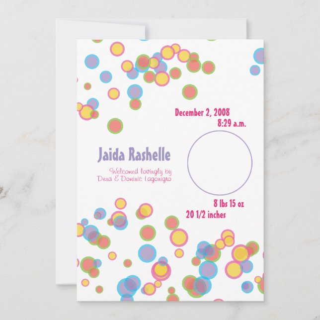 Colourful Bubbles Birth Announcement (Front)