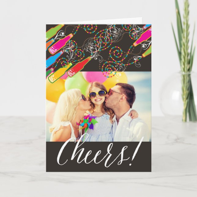 Colourful Bubbly Bottles Cheers Fun New Year Photo Holiday Card (Front)