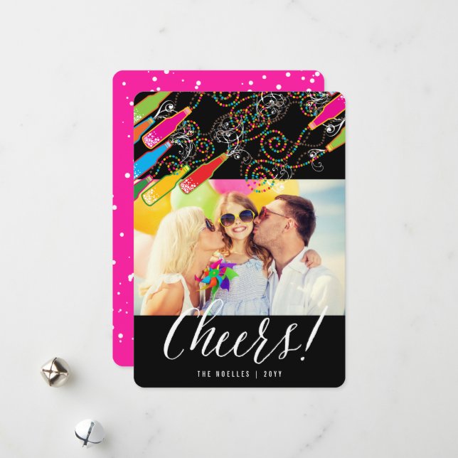 Colourful Bubbly Bottles Cheers Fun New Year Photo Holiday Card (Front/Back In Situ)