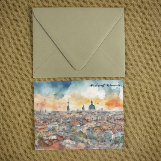 Colourful Bucharest Romania Watercolor City View Postcard (Colorful bucharest romania watercolor postcard)