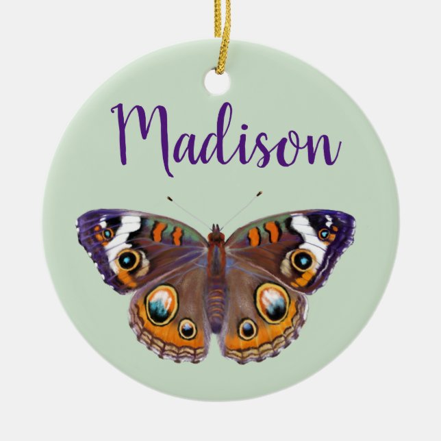 Colourful Buckeye Butterfly Wings Painting Ceramic Tree Decoration (Front)
