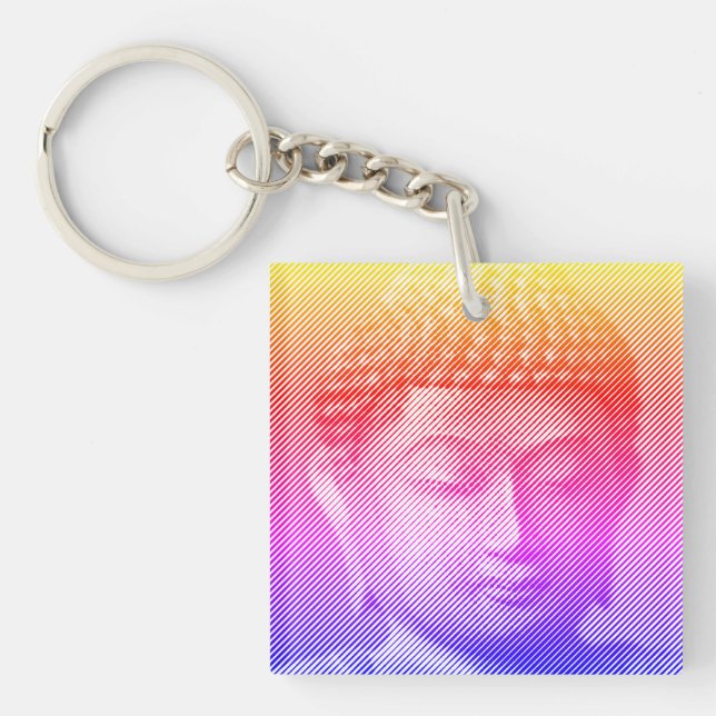Colourful Buddha Face Statue Formed By Lines Key Ring (Front)