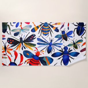 Colourful Bugs Whimsical watercolor Insects Art  Beach Towel