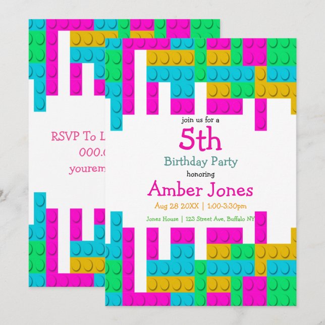 Colourful Building Block Girl Birthday Party Invit (Front/Back)