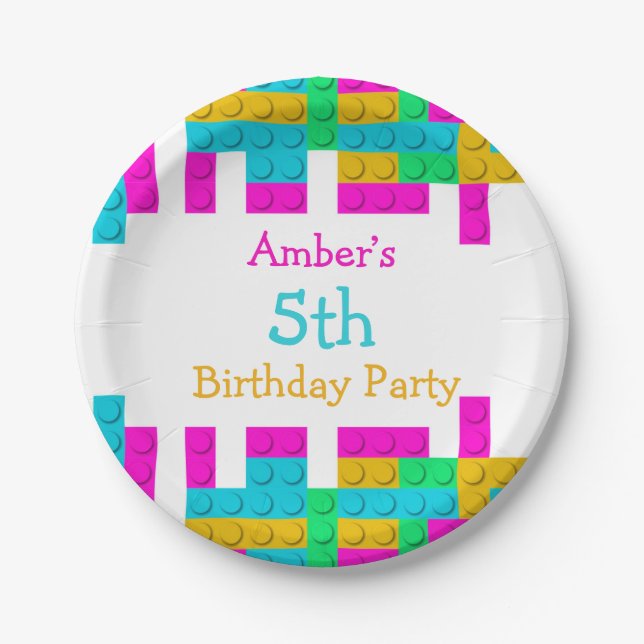 Colourful Building Blocks Girl Birthday Party  Paper Plate (Front)