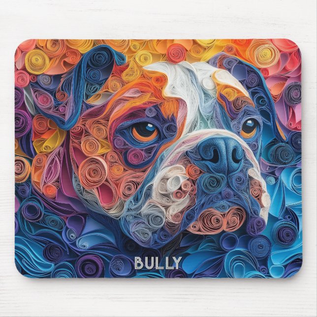 Colourful Bulldog Paper Quilling Portrait Mouse Mat (Front)