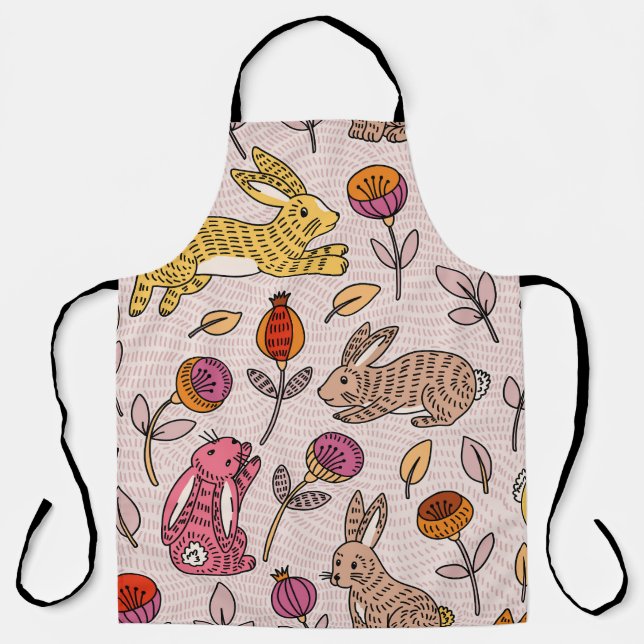 Colourful Bunnies: Cute Floral Vintage. Apron (Front)