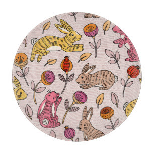 Colourful Bunnies: Cute Floral Vintage. Cutting Board