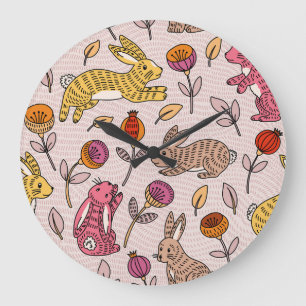 Colourful Bunnies: Cute Floral Vintage. Large Clock