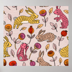 Colourful Bunnies: Cute Floral Vintage. Poster