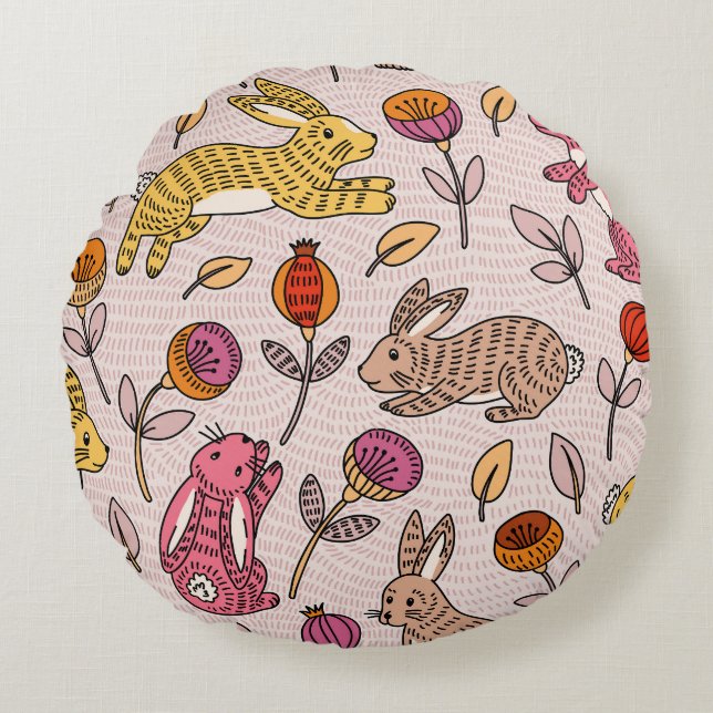 Colourful Bunnies: Cute Floral Vintage. Round Cushion (Front)