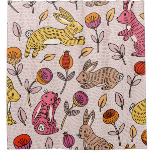 Colourful Bunnies: Cute Floral Vintage. Shower Curtain