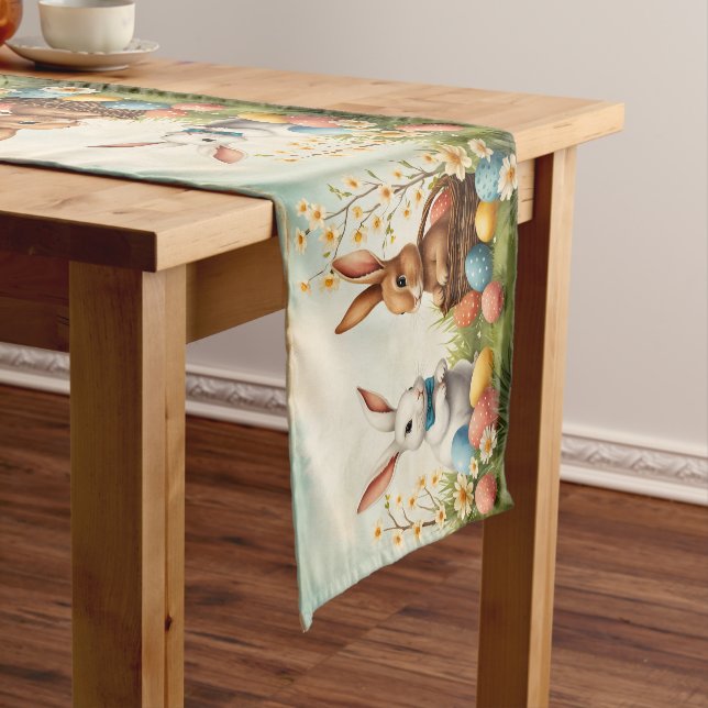 Colourful Bunnies Easter Eggs & Flowers Short Table Runner (In Situ)