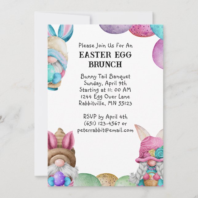 Colourful Bunny Gnomes & Eggs Easter Brunch Invitation (Front)