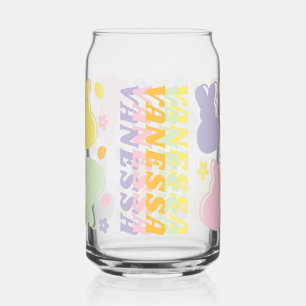 Colourful Bunny Pattern with Retro Name Accent Can Glass