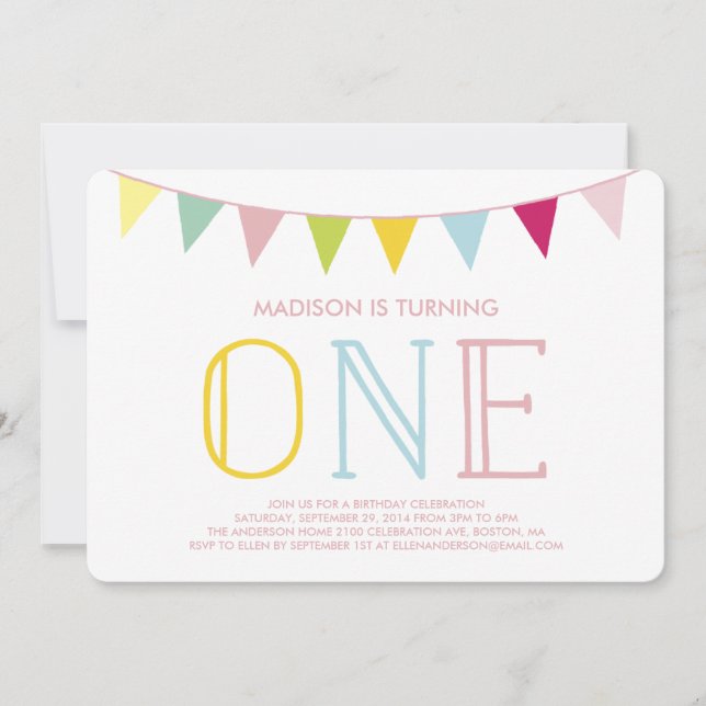 Colourful Bunting | First Birthday Invitation (Front)