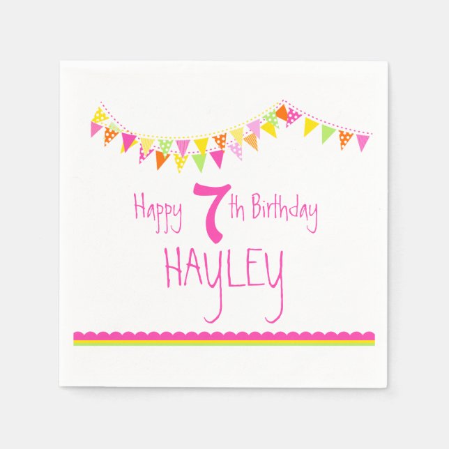 Colourful bunting kids 7th birthday name napkins (Front)