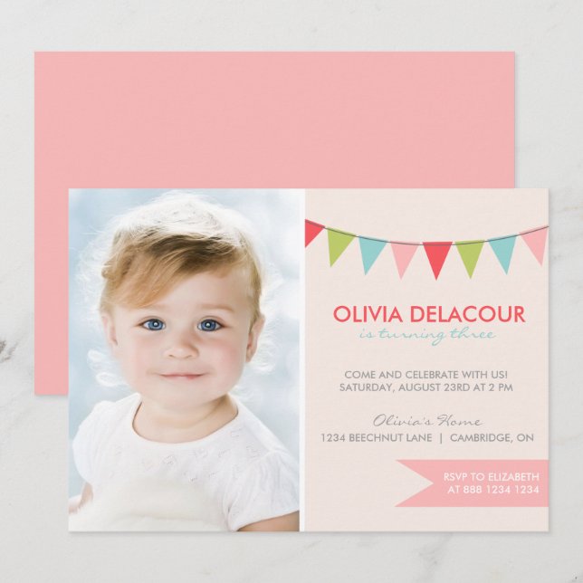 Colourful Bunting Kids Birthday Party Invitation (Front/Back)