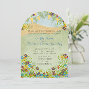 Colourful Bunting Pennant Swirly Floral Wedding Invitation