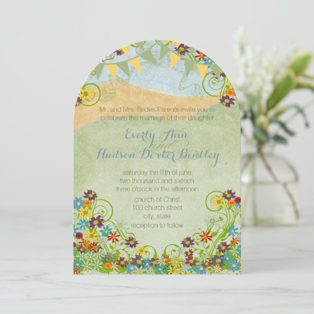 Colourful Bunting Pennant Swirly Floral Wedding Invitation (Standing Front)