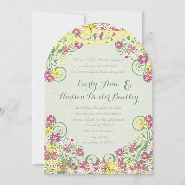 Colourful Bunting Pennant Swirly Floral Wedding Invitation (Front)