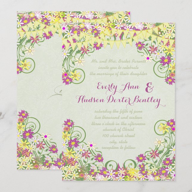 Colourful Bunting Pennant Swirly Floral Wedding Invitation (Front/Back)