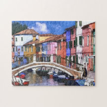 Colourful Burano Island In Venice Watercolor Art