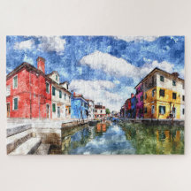 Colourful Burano Island In Venice Watercolor Art