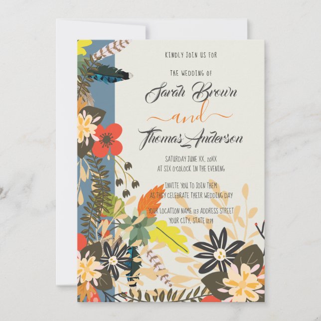 COLOURFUL BURNT BLUE BOHO FLORAL INVITATION (Front)