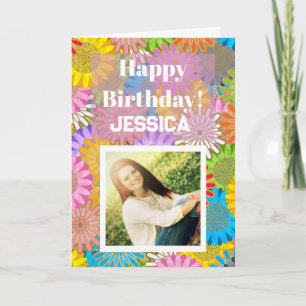 Colourful Busy Flower Pattern Custom Photo Birthda Card