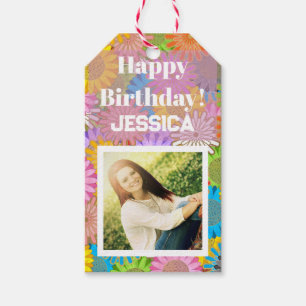 Colourful Busy Flower Pattern Custom Photo Birthda Gift Tags