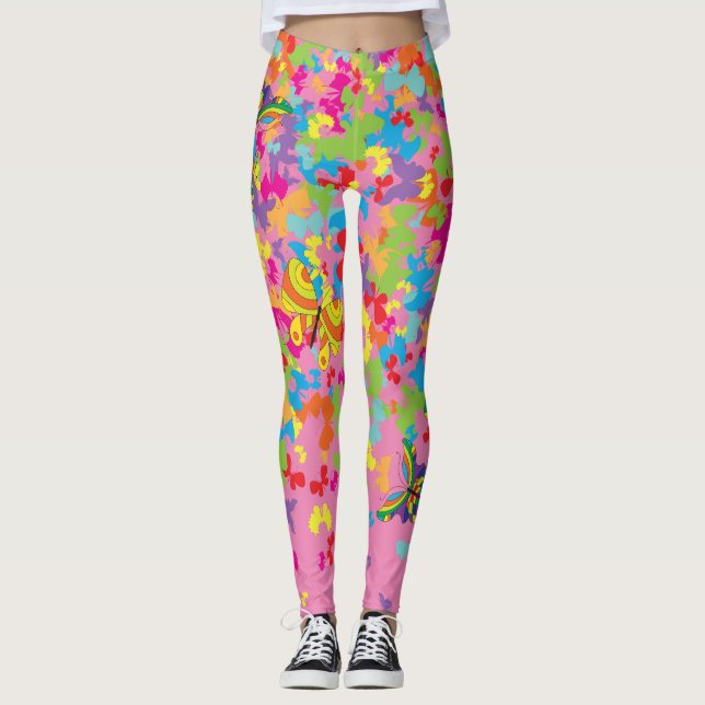 Colourful butterflies 01.bw Pink BG Leggings (Front)
