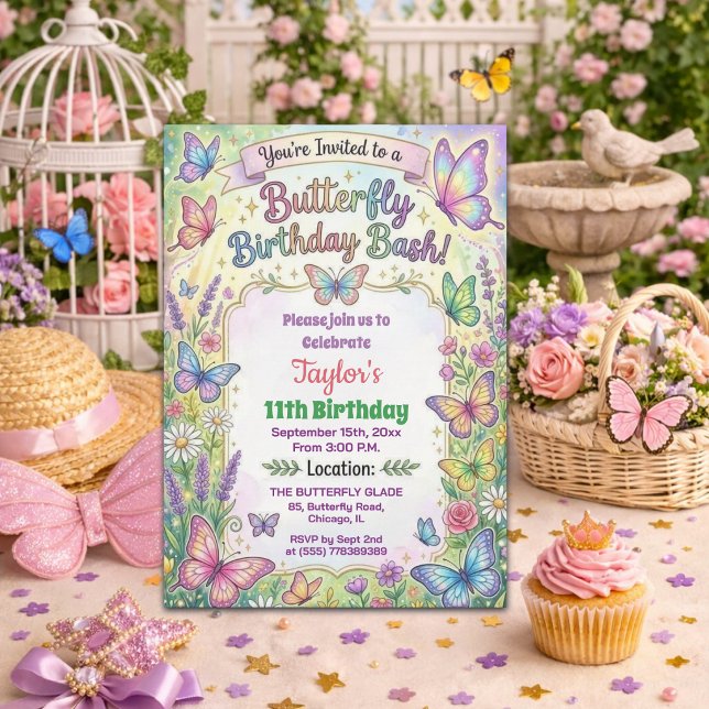 Colourful Butterflies 11th Birthday Bash Invitatio Invitation (Creator Uploaded)