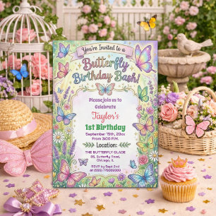 Colourful Butterflies 1st Birthday Bash Invitation