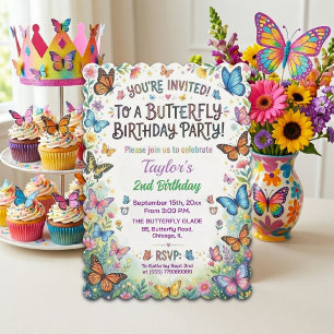 Colourful Butterflies 2nd Birthday Party Invitatio Invitation