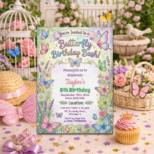 Colourful Butterflies 8th Birthday Bash Invitation