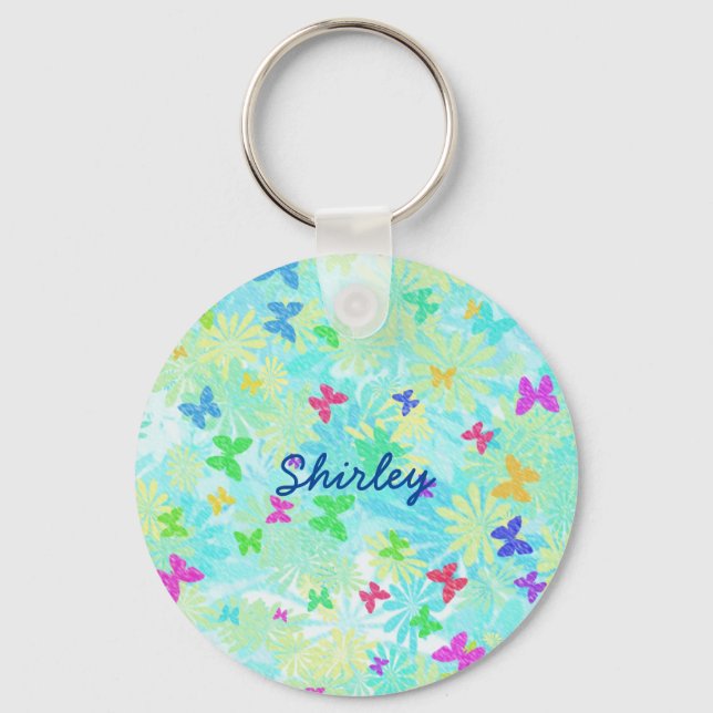 Colourful Butterflies and Daisies by Shirley Taylo Key Ring (Front)
