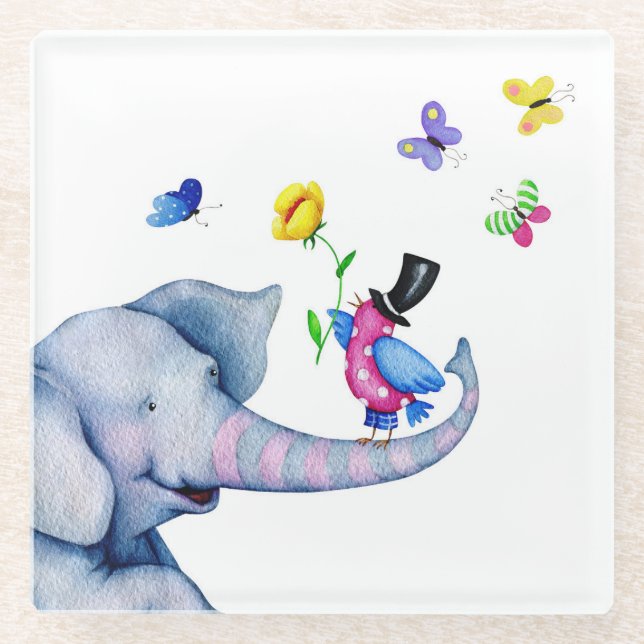 Colourful Butterflies And Elephant Glass Coaster (Front)