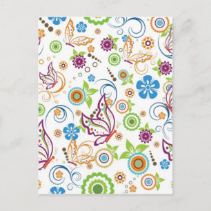 Colourful Butterflies And Flowers Pattern Postcard