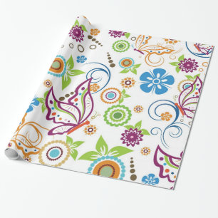 Colourful Butterflies And Flowers Pattern Wrapping Paper