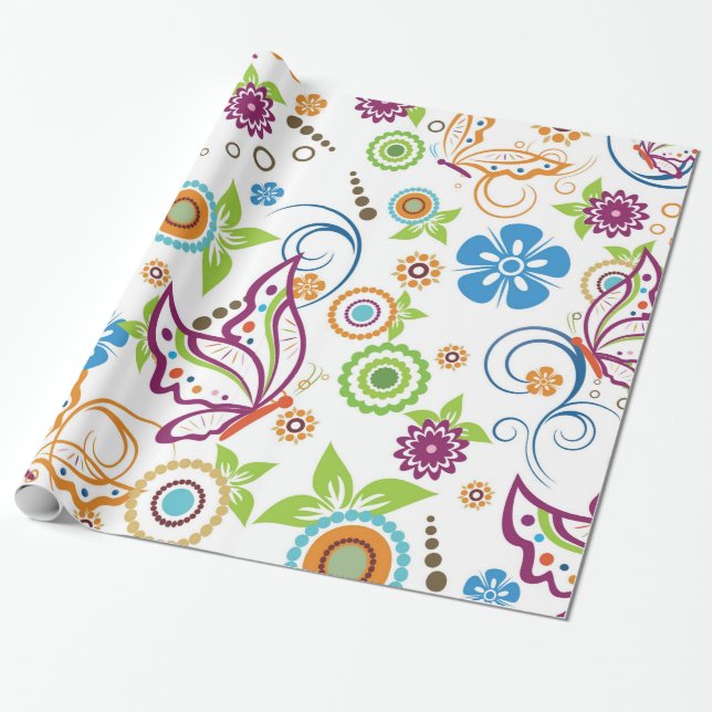Colourful Butterflies And Flowers Pattern Wrapping Paper (Unrolled)