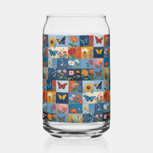 Colourful Butterflies And Wildflowers Patchwork Can Glass