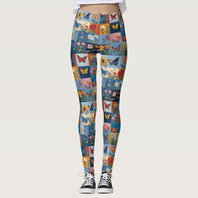 Colourful Butterflies And Wildflowers Patchwork Leggings (Front)