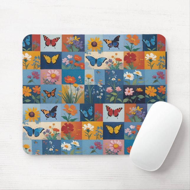 Colourful Butterflies And Wildflowers Patchwork Mouse Mat (With Mouse)