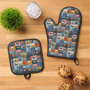 Colourful Butterflies And Wildflowers Patchwork Oven Mitt & Pot Holder Set