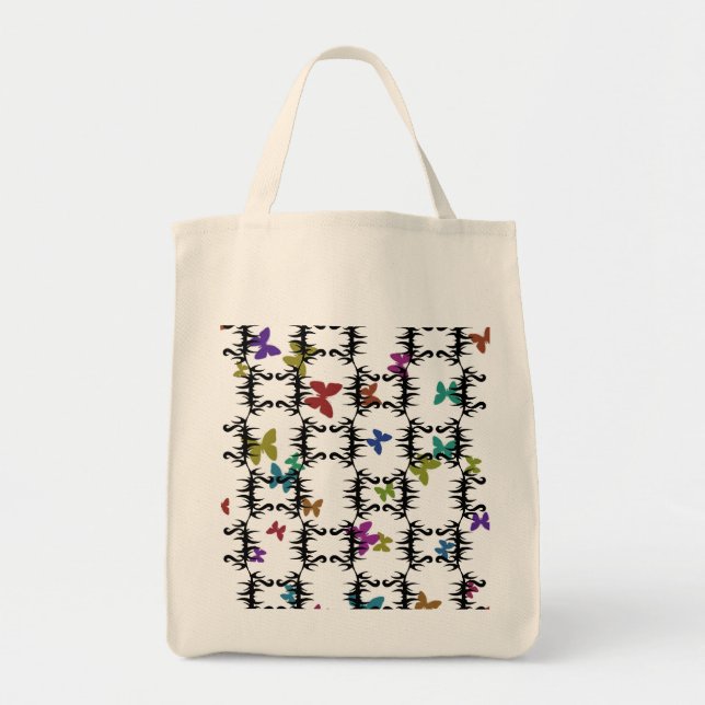 Colourful butterflies behind an iron gate tote bag (Front)