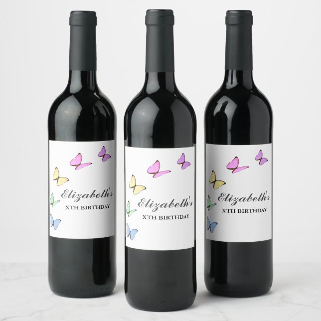 Colourful Butterflies Birthday Wine Label (Bottles)