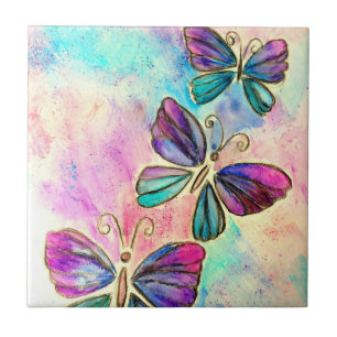 Colourful Butterflies Ceramic Tile - Watercolor