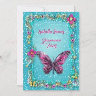 colourful butterflies floral turquoise magenta chi invitation